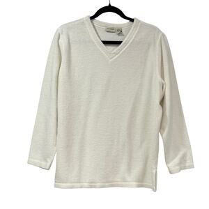 VINTAGE 1980s White Teddy Fleece Pullover V-Neck Crossroads Women's L Taiwan Top